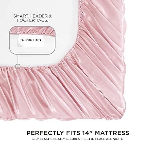 Juicy Couture Twin XL Size Satin Bed Sheet Set, Deep Pocket Silky Twin XL Sheet Set with 1 Fitted Sheet, 1 Flat Sheet, 1 Pillow Case, Wrinkle Resistant and Anti Pilling Bed Sheets - Pink thumbnail 4