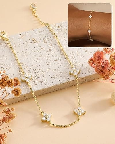 FUNEIA Dainty Silver Gold Bracelets for Women Trendy Non Tarnish 14K Gold Plated Waterproof Diamond Bracelets Cute Stackable Heart Butterfly Clover Cross Evil Eye Charm Bracelet Stack Jewelry Gifts thumbnail 4