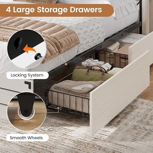 VIAGDO Wooden Bed Frame Full Size with Bookcase Headboard and Sliding Barn Door, Farmhouse Bed Frame Full Size with Charging Station, LED Lights and 4 Storage Drawers, No Box Spring Needed, White thumbnail 6