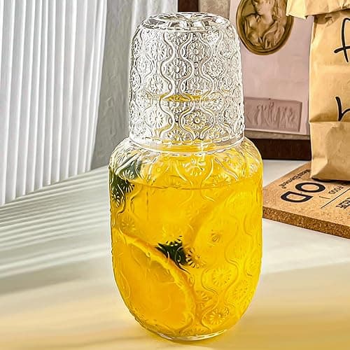 Vintage Bedside Water Carafe and Glass Set for Bedroom Nightstand, Bedside, Ticked Glass Mouthwash Decanter for Bathroom, Water Pitcher Set 18.5 oz thumbnail 7