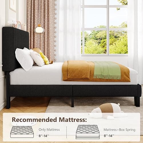 Feonase Twin Bed Frames with Upholstered Headboard, Linen Platform Bed Frame with Wooden & Metal Slats Support, Storage Space Under Bed, No Box Spring Needed, Easy Assembly, Black thumbnail 7