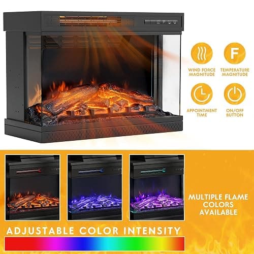 JUMMICO Fireplace TV Stand for TVs up to 65'', 3-Sided Glass Media Entertainment Center Console Table with Cabniet Storage Adjustable Flame LED Color for Living Room (Black) thumbnail 5