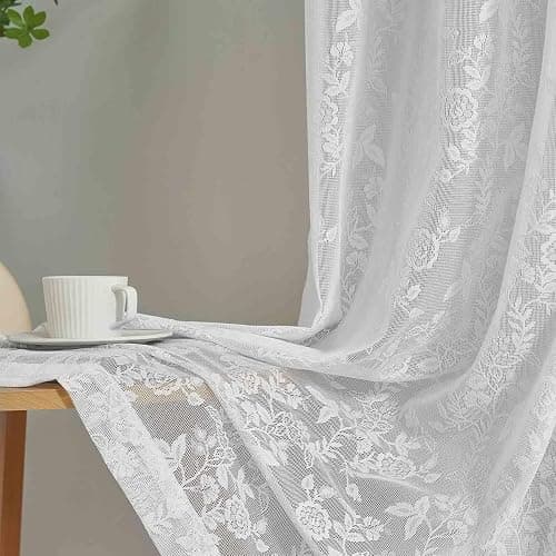 FINECITY White Lace Curtains 84 Inches Long for Living Room, Rustic Leaf Floral Window Lace Curtain Panels, Rod Pocket Vintage Privacy Sheer Lace Curtains, 42 x 84 Inch, 2 Panels, White thumbnail 7