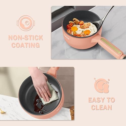 TOPWIT Hot Pot Electric, 𝟐𝐋 Electric Pot, Portable Non-Stick Portable Cooker, Sauté Pan for Steak, Egg, Fried Rice, Ramen, Soup with Dual Power Control (Silicone Spatula Included), Peach thumbnail 7