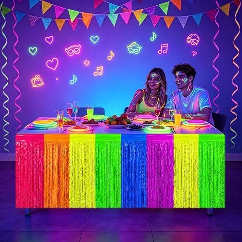 Fayoo 2 Pack Neon Glow Wavy Foil Fringe Table Skirts, 31.5x118 In | 6 Vibrant Colors, Glow in the Dark Party Supplies, Neon Party Decorations, Party Table Decor, Neon Tablecloths thumbnail 5