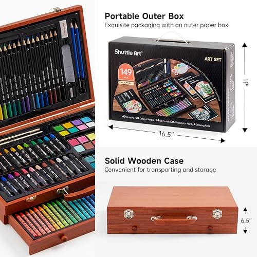 Shuttle Art 149 Piece Deluxe Art Set, Art Supplies in Wooden Case, Painting Drawing Art Kit with Acrylic Paint Pencils Oil Pastels Watercolour Cakes Colouring Book Sketch Pad for Kids and Adults thumbnail 7