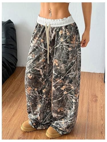 SOLY HUX Women's Camo Pants Wide Leg Baggy Sweatpants Elastic Waist Drawstring Loose Pants Trendy Y2K Drawstring Trousers thumbnail 2
