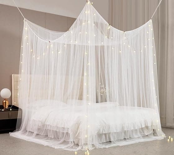 Mengersi Bed Canopy with Lights for Full Queen King Size Bed,4 Corner Post Bed Drapes Canopy for Bed,Canopy Bed Curtains Elegant Bedroom Decoration Accessories(White+Lights) thumbnail 3