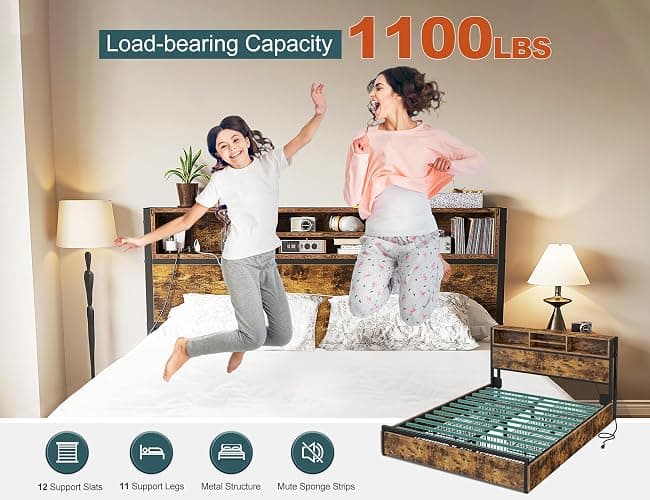 EnHomee Full Size Bed Frame with 6 Storage Drawers Full Bed Frame with Headboard, with Charging Station, No Noise, No Box Springs Needed, Vintage Brown. - Rustic Brown - Full thumbnail 7