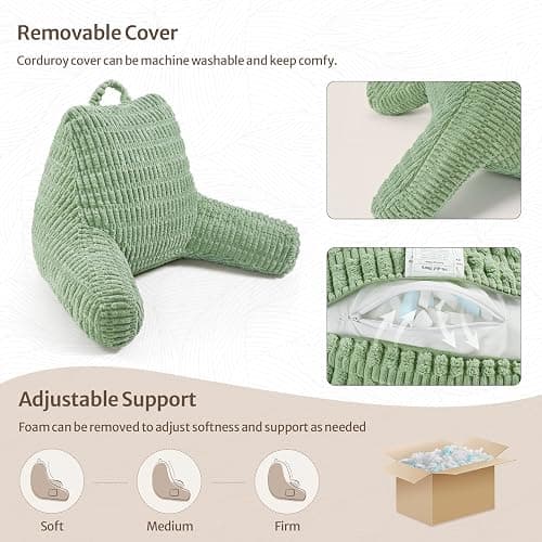 Blissful Diary Reading Pillow, Stylish Bed Pillow with Shredded Memory Foam for Adult Children Backrest, Back Pillow for Bed & Couch Sitting Up with Arms & Pockets & Washable Cover (Sage Green) - Sage Green thumbnail 4