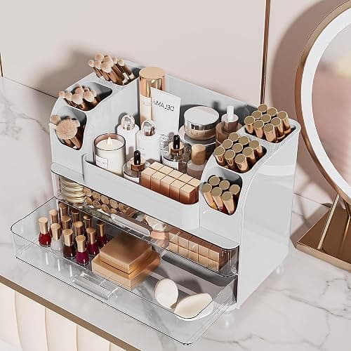 Delamu Makeup Organizer Countertop with 6 Brush Holder, Bathroom Countertop Organizer with 2 Large Drawers, Cosmetic Display Case for Vanity, Ideal Christmas Gifts for Women Girls, Light White thumbnail 6