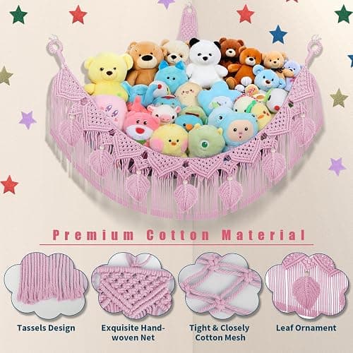 Stuffed Animal Storage Hammock Corner, 56'' Large Stuffed Animal Net Organizer for Teddy Plush Nursery Decor, Boho Macrame Leaf Toy Holder, Light Pink Toy Net w/ LED Star Light for Kid Girl Gift thumbnail 4