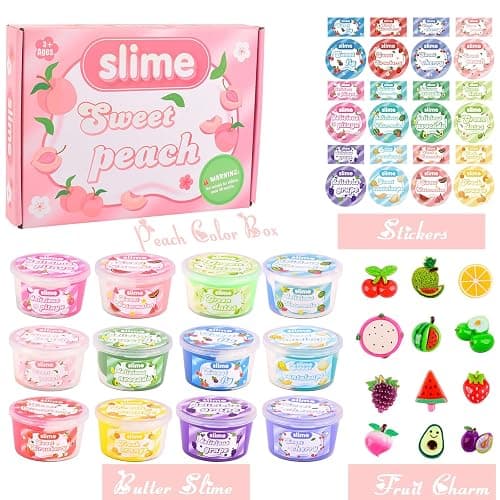 12 Packs Mini Fruit Butter Slime, Cute Peach Colourful Box, 12 Fun Slime Charms, Pre-Made Slime for Kids, Great 6 Year Old Toy, Kids Educational Stress Relief Toy, Party Favour, Birthday Gift thumbnail 6