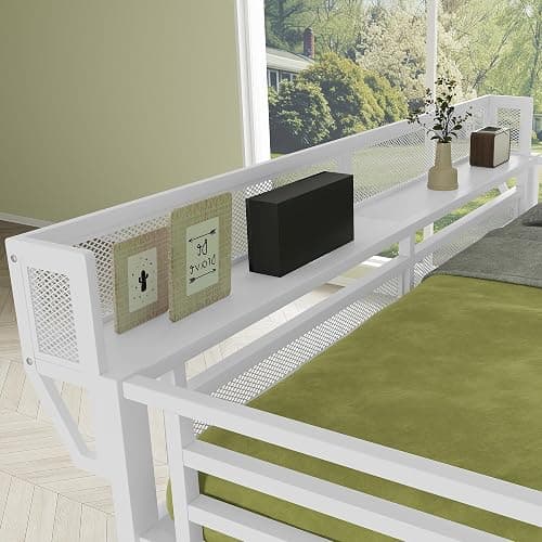 KEIKI Queen Size Metal Loft Bed Frame with Convertible Staircase, Built-in Storage Shelves and Wardrobe, Loft Bed with Solid Slats, Guardrail, No Box Spring Required, Easy Assembly, for Bedroom, White thumbnail 6