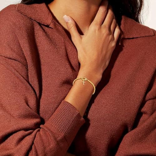 Free bird Gold Cross Bracelet for Women Stretchable Beaded Bracelets 14K Gold Charm Bracelet Initial Christmas Gifts for Women thumbnail 7