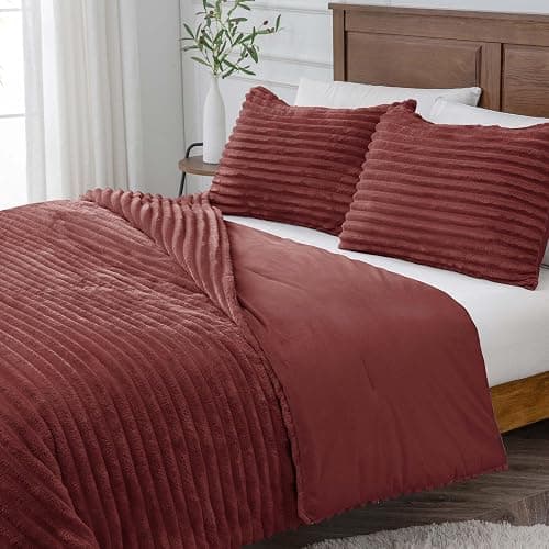 BEDELITE Fleece King Comforter Set -Super Soft & Warm Fluffy Burgundy Bedding, Luxury Fuzzy Heavy Bed Set for Winter with 2 Pillow Cases thumbnail 9