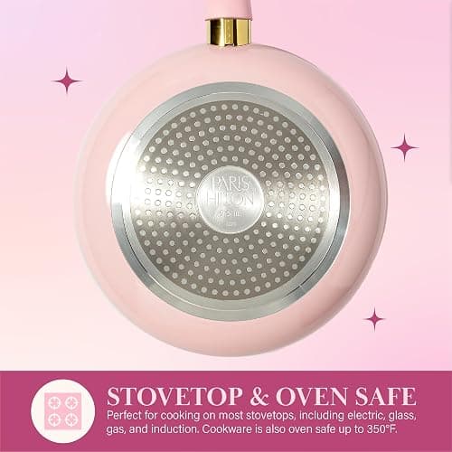 Paris Hilton Epic Nonstick Pots and Pans Set, Multi-layer Nonstick Coating, Tempered Glass Lids, Soft Touch, Stay Cool Handles, Made without PFOA, Dishwasher Safe Cookware Set, 12-Piece, Pink thumbnail 6