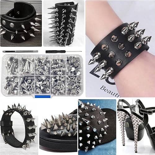 354 Pieces Punk Spikes and Studs Kit - 8 Sizes Cone Spikes, Metal Tree Spikes Studs for Leathercraft, Punk Clothing DIY Accessories (Silver) thumbnail 5
