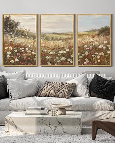 SHENIFY Vintage Framed Wall Art Meadow with Flowers Landscape Scenery Home Decor Retro Wildflower Field Decorations for Bedroom Ready to Hang Wall Artwork - 16x24in3pcs Natural Framed thumbnail 4