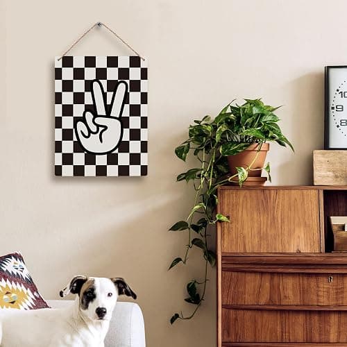 FUGWN Black and White Checkered Peace Sign Hanging Wooden Signs 8x10, Black Preppy Checkerboard Decor for Home Girls Boys Room Dorm, Preppy Checkered Home Decor Gifts for Teen Girls Boys Women thumbnail 2