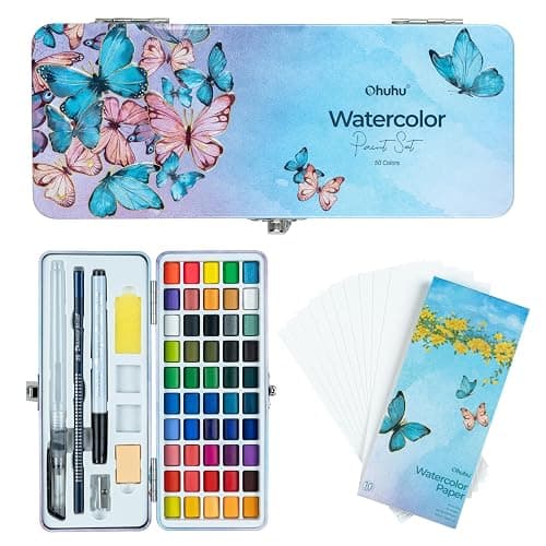 Ohuhu Watercolor Travel Paint Set, Portable Watercolor Kit for Outdoors 50-color with Watercolor Papers, Brush Pen, Acrylic Pen, Pencil and Accessories for Painting, Non-toxic Watercolors Paint for Artists Adults Beginners Kids Gift Idea - Image 1