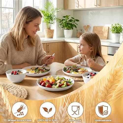 BUSOKIP Plates and Bowls Sets for 8, Unbreakable & Lightweight Wheat Straw Dinnerware Sets 32 PCS, Microwave Safe Dishes Set for 8, Dinner Plate, Kitchen Cups and Bowls for Outdoor- White thumbnail 2