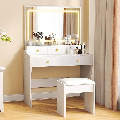 COMHOMA Makeup Vanity Desk with Mirror and Lights, Vanity Table and Chair Set with 5 Drawers and Charging Station, Bedroom Dresser LED Mirror Stepless Dimmable & 3 Color Modes Adjustable, White thumbnail 3