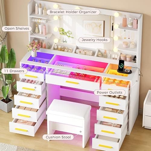 YUNSCEND Large Makeup Vanity with Mirror and Lights 3 Colors,Vanity Desk with Glass Top,11 RGB Drawers,6 Shelves,Makeup Desk with 5 Hooks,Power Outlet,Dressing Table for Girls Bedroom White UXFST004W thumbnail 4