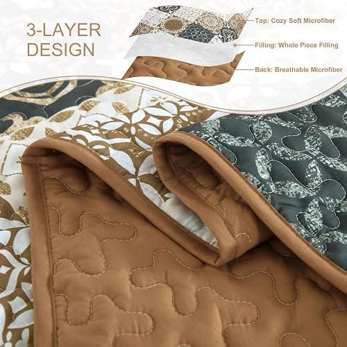 Dobuyly Brown Quilt Set Queen Size, Boho Plaid Patchwork Bedspreads Coverlet Set, 3 Pieces Soft Lightweight Microfiber Fall Quilt Bedding Set for All Seasons 96"x90" thumbnail 6