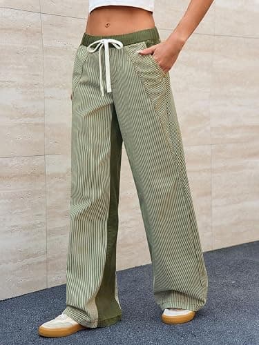PEIHOT Low Rise Striped Pants for Women Pull On Drawstring Boho Wide Leg Jeans Trendy 2025 thumbnail 5