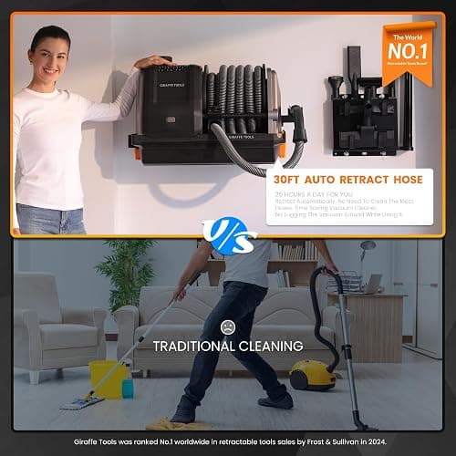 Giraffe Tools Grandstorm Wet Dry Vacuum Cleaner with 6 Nozzles, 30 FT Retractable Hose Wall Mounted Vacuum Cleaner for Car Detailing, Grey（No Remote Control Funtion） thumbnail 2