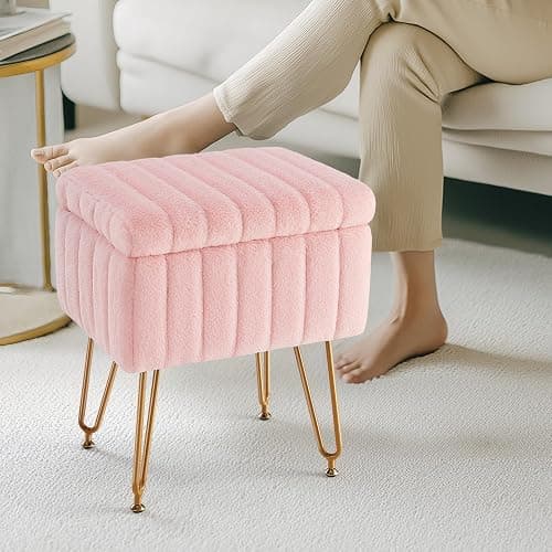 Sweetcrispy Vanity Stool Chair with Storage, 18.9”H x 16”L x 12.2”W Ottoman Chair Faux Fur Soft Padded Makeup Footstools Seat with 4 Metal Legs Anti-Slip Adjustable Feet for Make Up, Pastel-Pink thumbnail 8