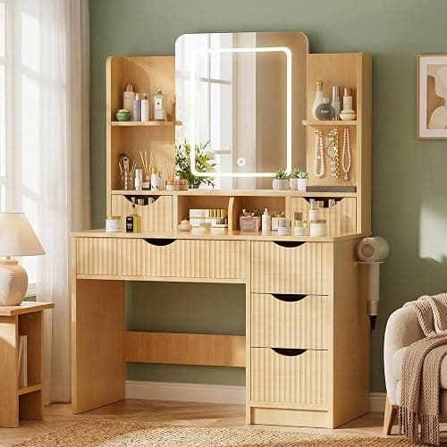 Vanity Desk with Mirror and Lights, Makeup Vanity Table with Large 6 Drawers Modern Fluted Wooden Dressing Table with Jewelry Hook 3 Color Modes Adjustable LED Mirror for Women Girls Bedroom or Dorm thumbnail 9