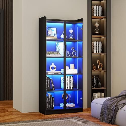 Dystler Display Cabinet with Doors and Adjustable Shelves, 65" Tall Bookcase with LED Lights/Human Sensor, 5 Tier Display Case for Collectibles Bedroom Living Room Office, Black thumbnail 8