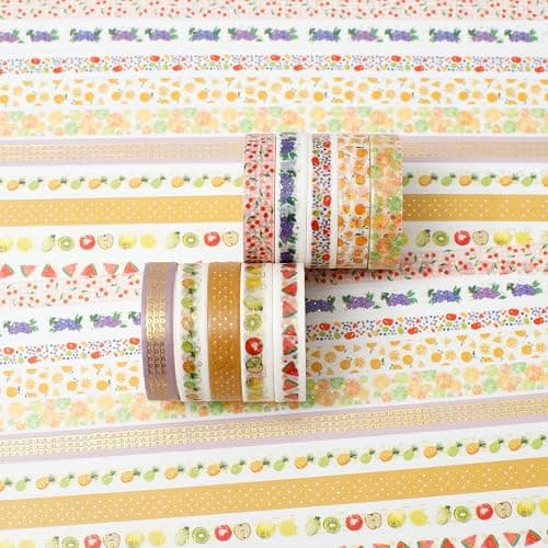 YUBBAEX 10 Rolls Sparkling Washi Tape Set 8mm Skinny Gold/Silver Foil Decorative Masking Washi Tapes for Bullet Journal,Scrapbook, Planner, DIY Crafts (Various Fruits) thumbnail 3