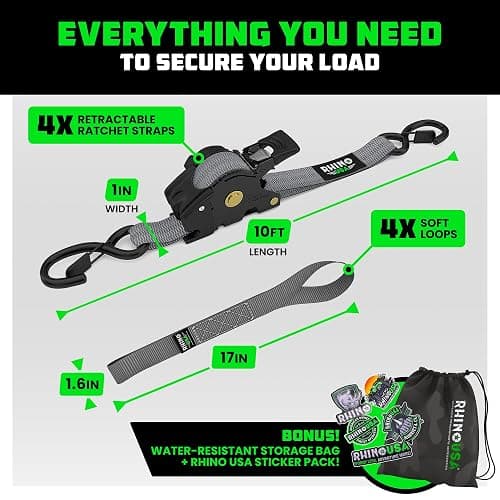 Rhino USA Retractable Ratchet Straps (4-Pack) - 1 Inch x 10 Feet (1,209lb Break Strength) - Auto Self Retracting Tie Down Straps for Truck, Cargo Trailer, Motorcycle, ATV, UTV - Gray thumbnail 5