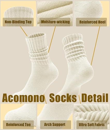 Acomono Scrunch Crew Socks 3 Pack – Retro Slouchy Cotton Calf Socks for Men & Women Cushioned Solid Stacked Boot & Sneaker thumbnail 5