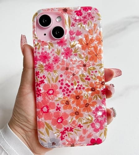 Qokey Compatible for iPhone 15 Case 6.1 inch,Cute Clear Flowers Design for Women Shell Pattern Soft Bumper Lightweight Slim Fit TPU Shockproof Phone Cover for iPhone 15,Pink Floral thumbnail 6