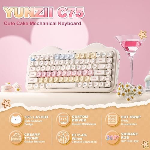 YUNZII C75 Wireless Mechanical Keyboard, 75% Layout Hot Swappable Creamy Keyboard NKRO, PBT MOA Keycaps RGB Backlit Gasket Mount, Cute Cake Design BT5.0/2.4G/USB-C (Beige, Milk V2 Linear Switch) thumbnail 3