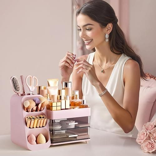 HBlife Makeup Organizer with Brush Holder for Vanity, Large Plastic Bathroom Countertop Organizer Skin Care Storage, Easy to Store Lipsticks, Nail Polishes, Perfumes, Eyeshadow Palettes, Pink thumbnail 6