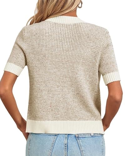 Langwyqu Womens Short Sleeve Button Down Cardigans Sweater Cropped Lightweight Crew Neck Elegant Tops thumbnail 4