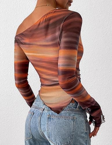PRETTYGARDEN Womens Fall Trendy Off Shoulder Y2k Tops 2026 Tie Dye Mesh Long Sleeve Shirts Asymmetrical Ruched Floral Blouse thumbnail 5