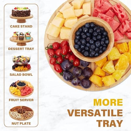 Timboops Home Bamboo Cake Stand with Lid, 6-in-1 Multifunctional Cake Plate, Cake Holder, Serving Tray, Fruit Platter, Salad Bowl, Dessert Table Display & Acrylic Cake Dome Cover thumbnail 5
