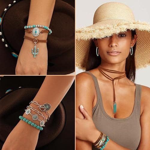 FEYIR Bohemian Turquoise Jewelry Set for Women Boho Turquoise Layered Necklace Bracelet Western Belt Stackable Ring Earrings Western Jewelry Accessories thumbnail 5