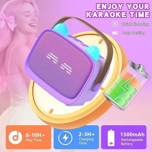 Mgaolo Upgraded Mini Karaoke Machine Toy for Kids, Portable Bluetooth Speaker with 2 Wireless Mics, Emoji & Colorful LED Lights, Home Travel & Party Play Gifts for Boys Girls (Purple) thumbnail 8
