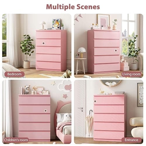 Jocoevol Pink 5 Drawer Dresser for Bedroom, 15" D x 23.7" W x 40.4" H in Simply Chest of Drawers, Wood Storage Dresser with Drawers for Living Room Hallway Entryway, Pink thumbnail 6