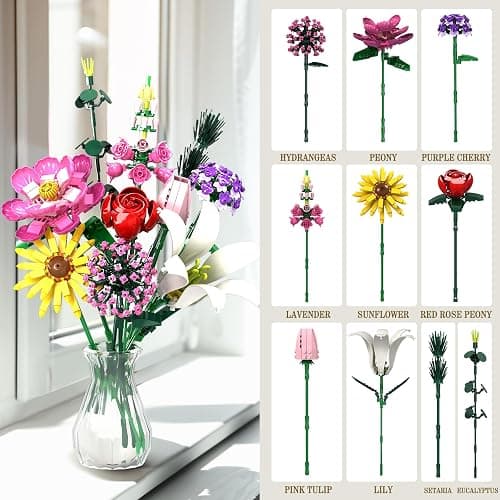 Linkowin Flower Bouquet Building Set, 699pcs Creative DIY Plant Bouquet Decoration,10 Unique Flower Bouquet for Girls Women Adults 6+, Idea Gifts for Valentines Birthdays Mother's Day thumbnail 3