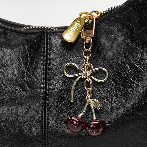 YDF Cherry Keychain Cute Bag Charm Women Leather Keyring Car Keys Gift Mother's Day Birthday Valentine's Purse Accessory - Red thumbnail 4