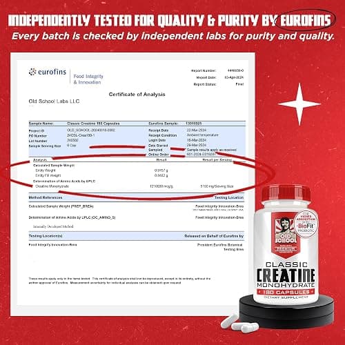 Old School Labs 5000mg Creatine Monohydrate Capsules With BioFit™ (Max Strength) Supports Muscle Growth & Recovery, Performance, Cognitive Health - Creatine Pills for Men & Women, Made in USA 180 Caps thumbnail 6