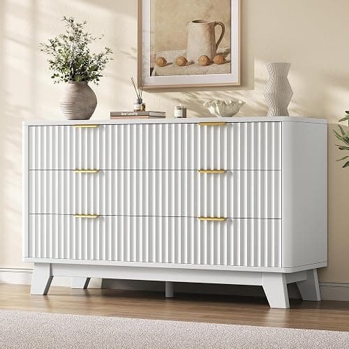 Jocoevol Fluted 6 Drawer Dresser for Bedroom, White | 47" Wooden Chest of Drawers with Curved Profile Design, Modern TV Stand with Metal Handle for Living Room/Hallway thumbnail 9